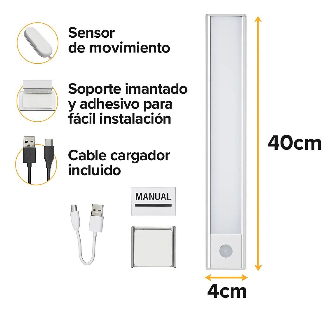 Lúmina: sensor de movimiento, soporte imantado, cable cargador y medidas 40 cm × 4 cm