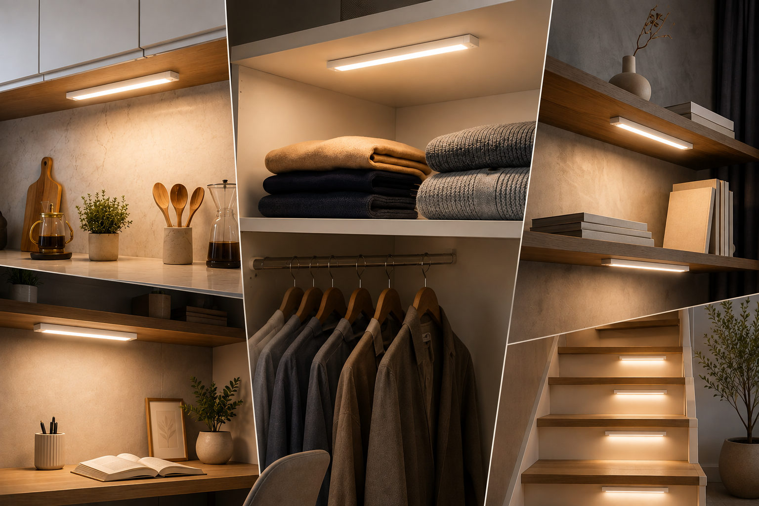 Lúmina iluminando cocina, placard, estantería y escalera con luz cálida