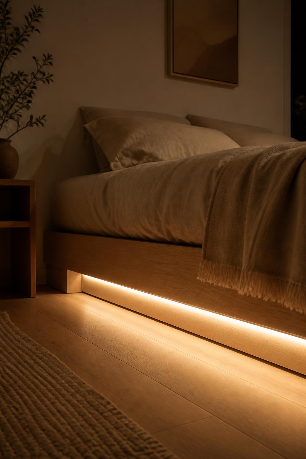 Luz LED con sensor activándose debajo de una cama de noche